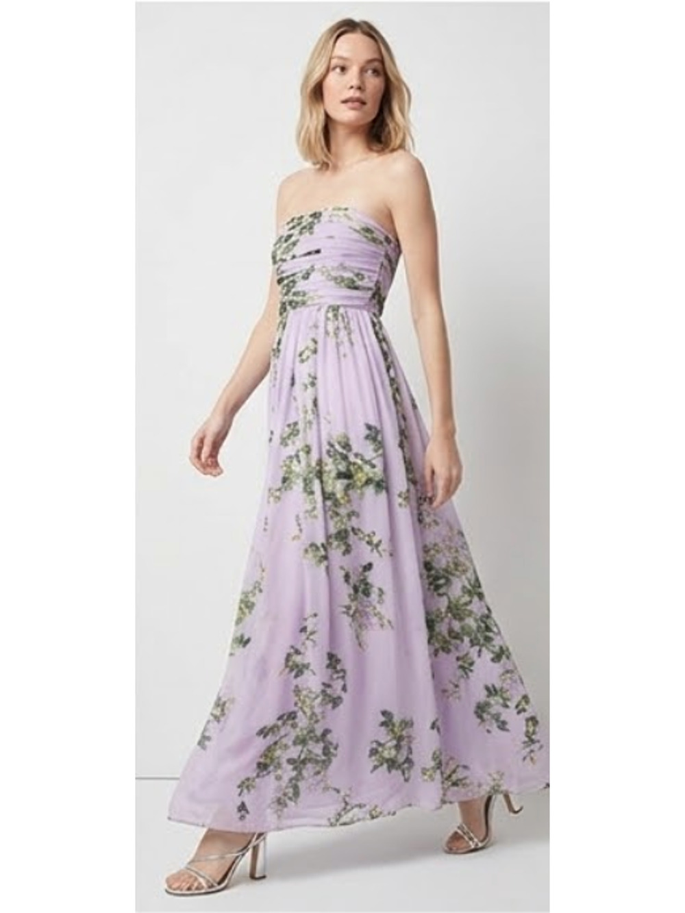 NWT WHITE HOUSE BLACK MARKET WHBM FLORAL LILAC STRAPLESS CHIFFON MAXI DRESS SZ 4